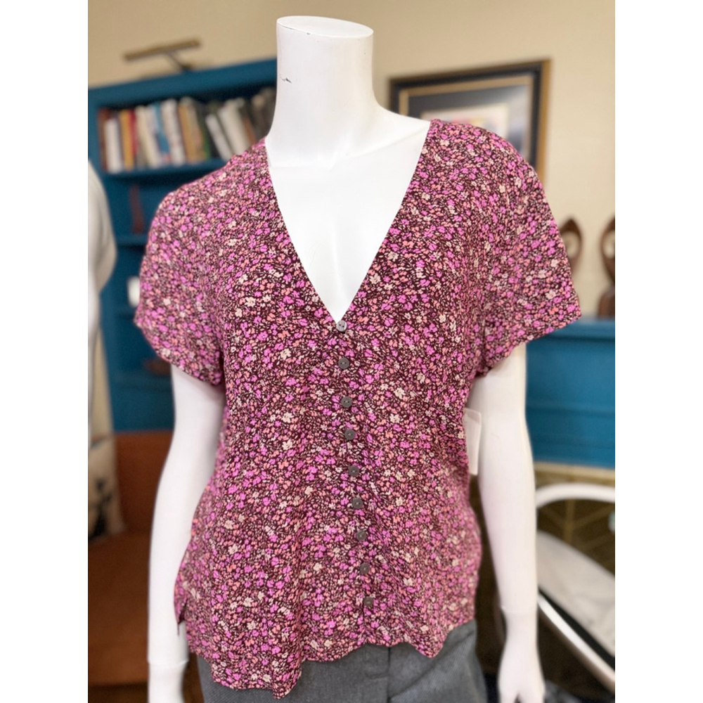 Lucky Brand Blouse L Pink Brown Floral Short Sleeve